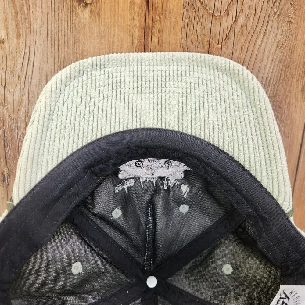 Weber's Resupply Cute But Feral Raccoon Strapback Hat Cap Green Corduroy Hipster